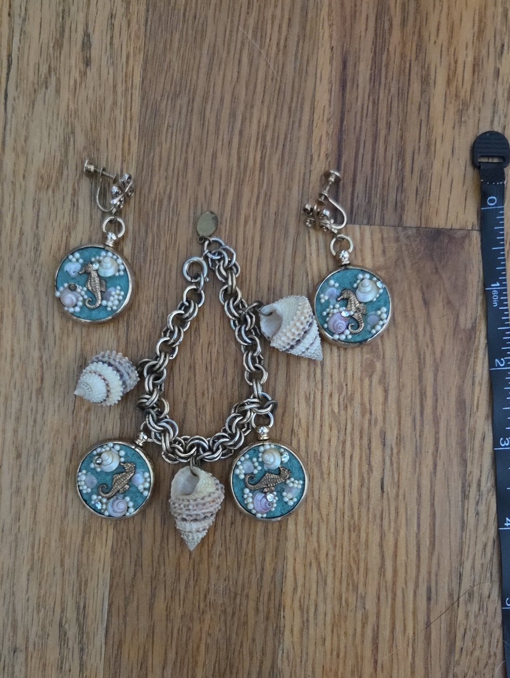 Pik NY Seahorse Shell Charm Bracelet and Clip Earrings Set - Gold Tone with Teal